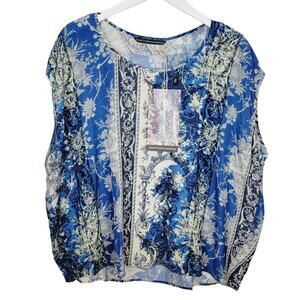 Gary Graham GARYGRAHAM422 Blue Viscose Floral Stripe Scoop Neck Cocoon Top - M